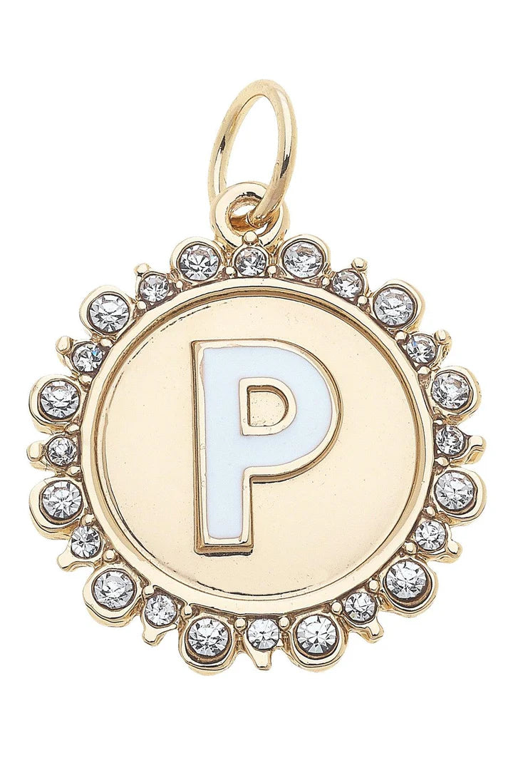 Rhinestone - Studded Enamel Letter Disc Charm in Shiny Gold