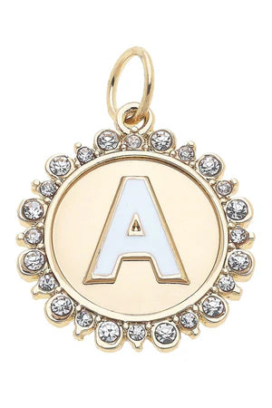 Rhinestone - Studded Enamel Letter Disc Charm in Shiny Gold