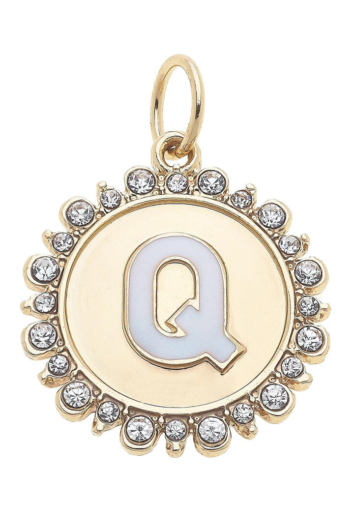 Rhinestone - Studded Enamel Letter Disc Charm in Shiny Gold
