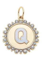 Rhinestone - Studded Enamel Letter Disc Charm in Shiny Gold