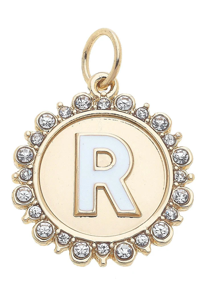 Rhinestone - Studded Enamel Letter Disc Charm in Shiny Gold