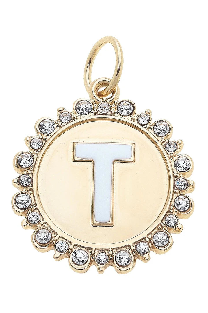 Rhinestone - Studded Enamel Letter Disc Charm in Shiny Gold