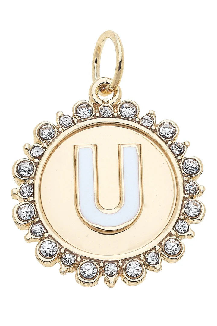 Rhinestone - Studded Enamel Letter Disc Charm in Shiny Gold