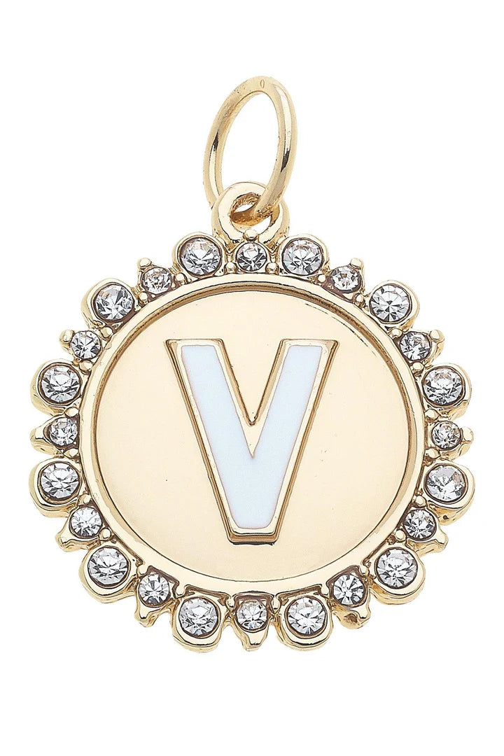 Rhinestone - Studded Enamel Letter Disc Charm in Shiny Gold