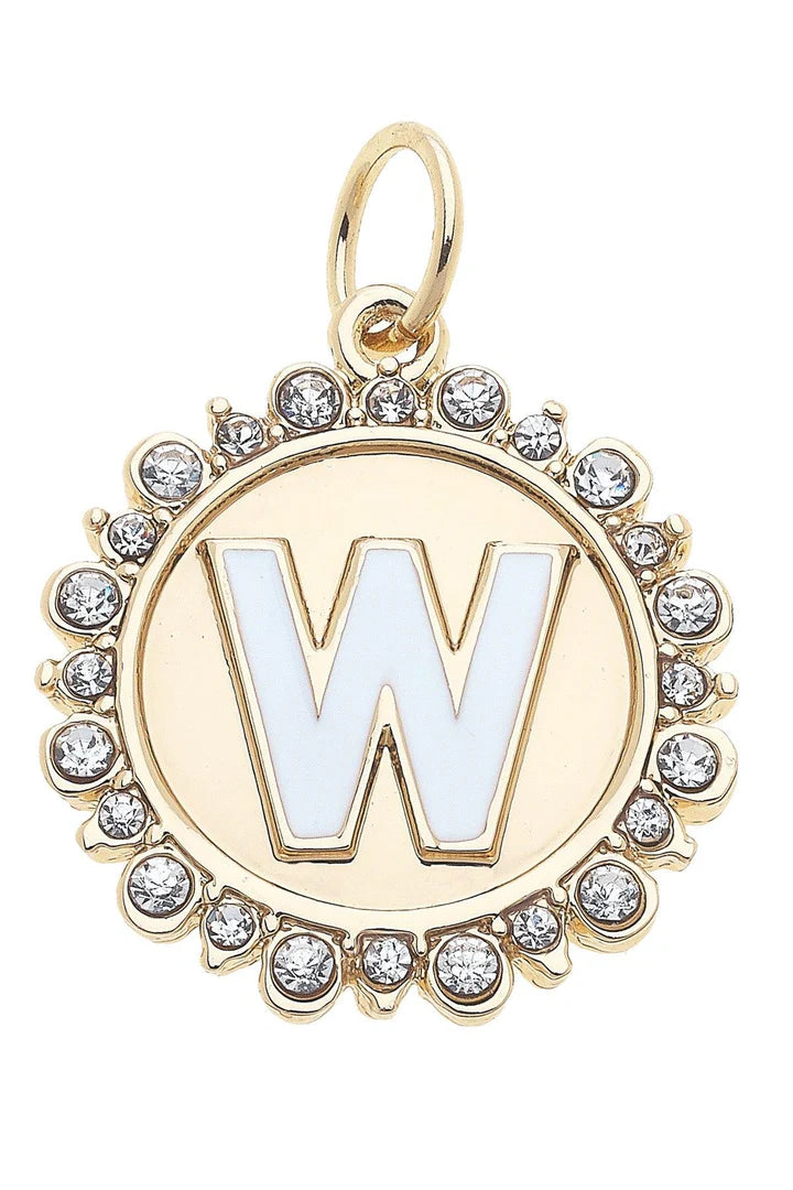 Rhinestone - Studded Enamel Letter Disc Charm in Shiny Gold