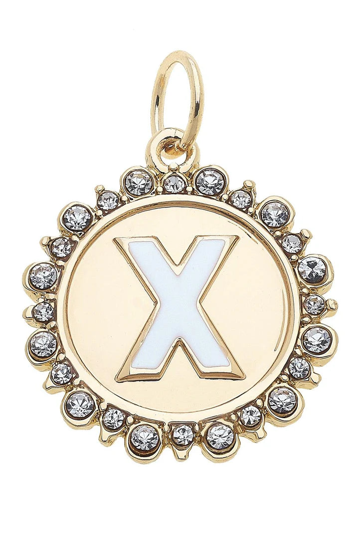 Rhinestone - Studded Enamel Letter Disc Charm in Shiny Gold