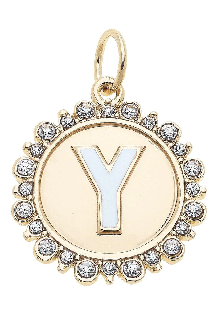 Rhinestone - Studded Enamel Letter Disc Charm in Shiny Gold