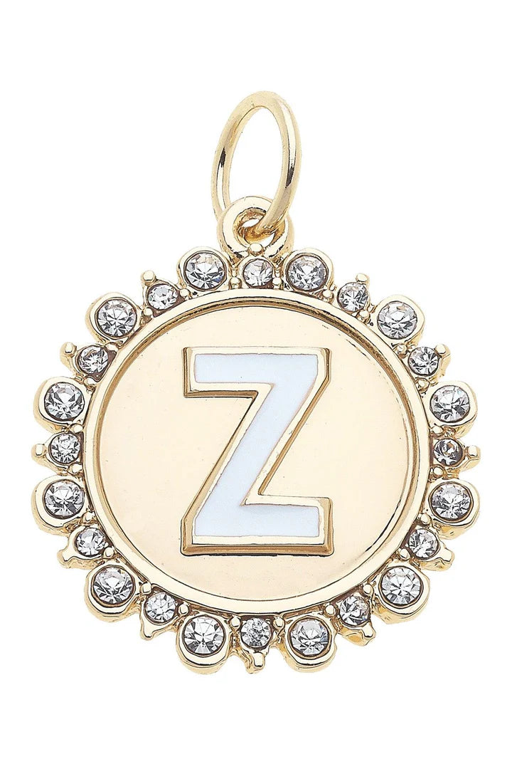 Rhinestone - Studded Enamel Letter Disc Charm in Shiny Gold