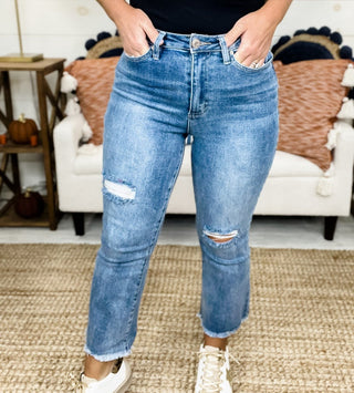 High Rise Flare Ankle Flood Jean with Frayed Edge