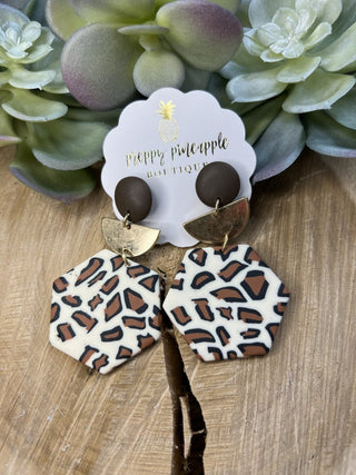 Leopard Print Hexagon Clay Earrings