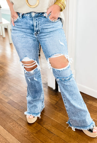 Risen High-Rise Acid Wash Distressed Flare Jeans